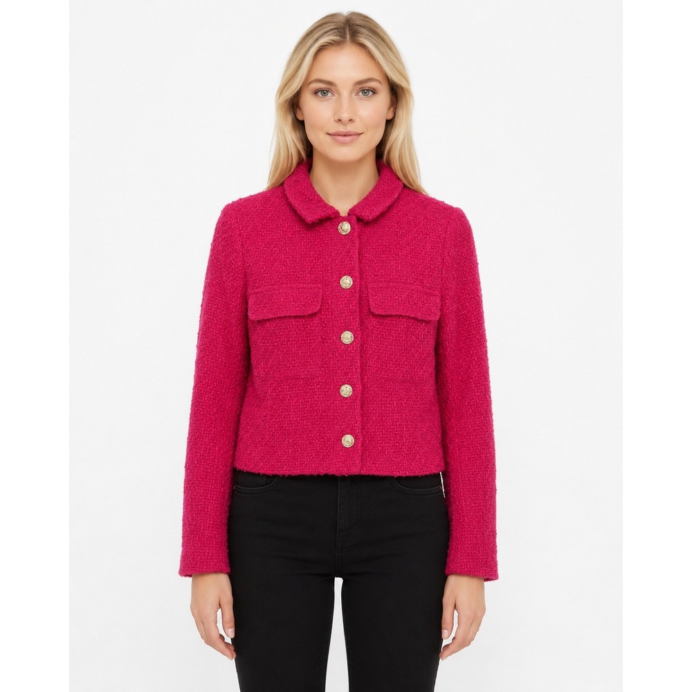 Rachel Zoe Tweed Jacket Womens XS Pink Cropped Boucle Gold Button Blazer